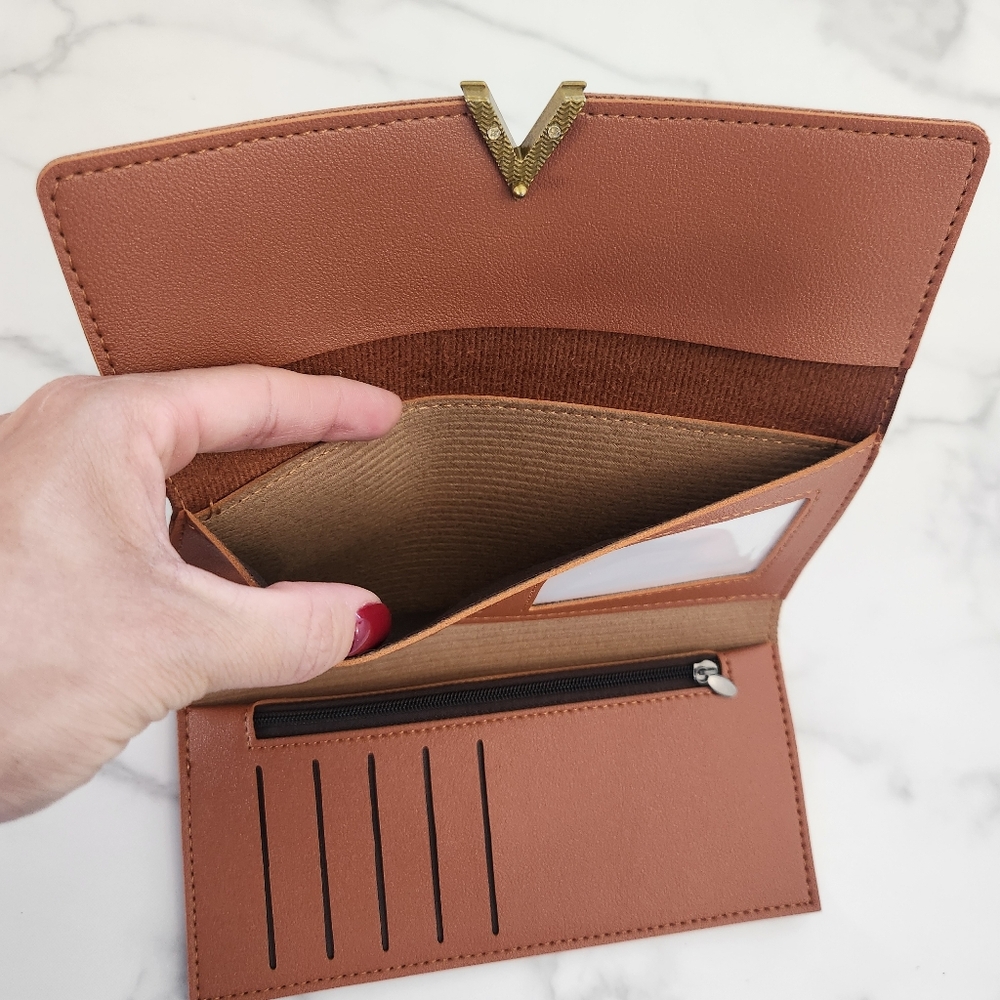 Brown Pu Leather Clutch Wallet With Gold V Accent - Picture 8 of 13